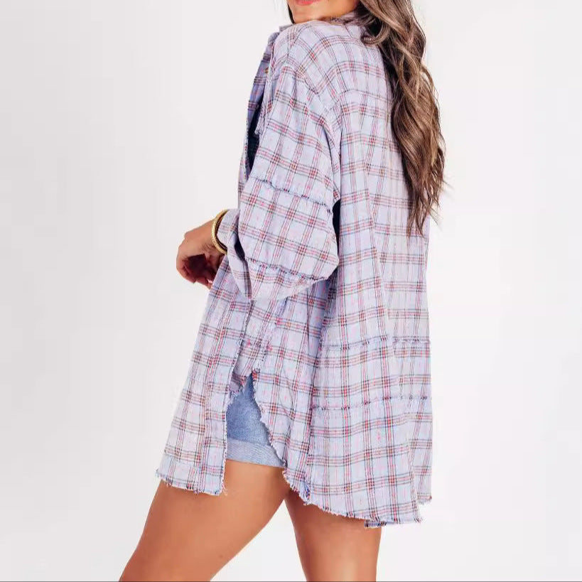 Oversized Fringe Shirt in Plaid