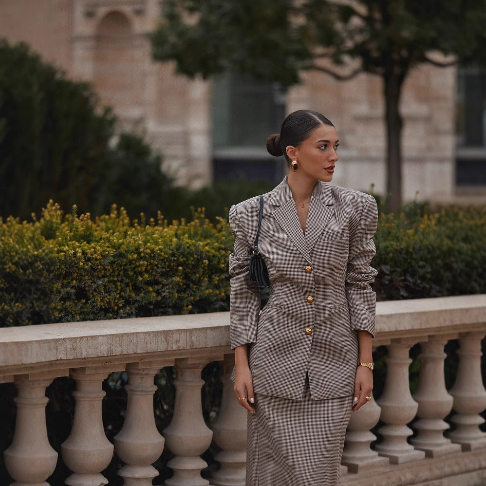 Two-Piece Skirt Suit in Gray